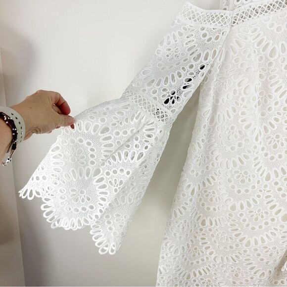 Laundry by Shelli Segal White Eyelet Cold Shoulder Dress w/Bell Sleeves Sz 2 - Picture 8 of 16